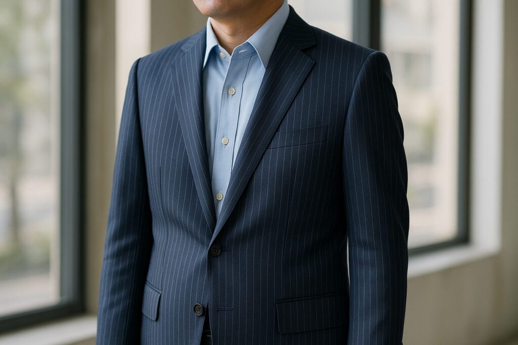 スーツで縦ラインを作る「細ストライプ」と「素材感」